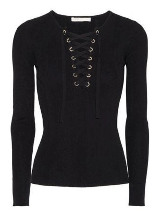 Maje Tops - Maje Black Lace-Up Ribbed Long Sleeve Top